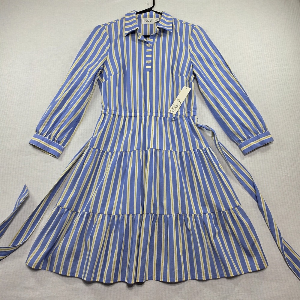 NWT Eliza J Blue Yellow Stripe Tiered Shirtdress Belt Pockets 4 Preppy Coastal - Picture 2 of 15